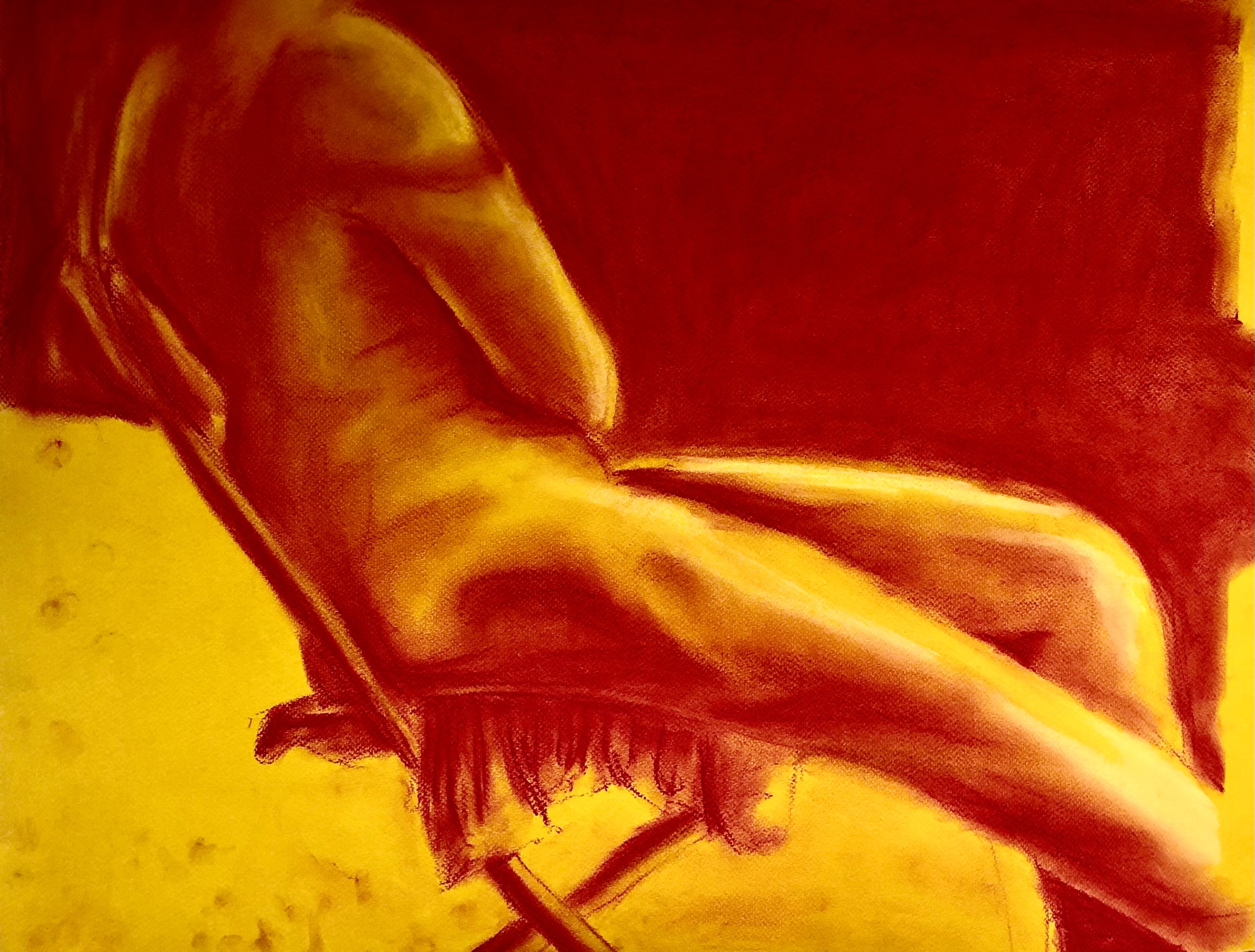 A pastel figure study in reds and yellows: a reclining body seen from behind and below, the legs crossing the frame against a deep red ground.