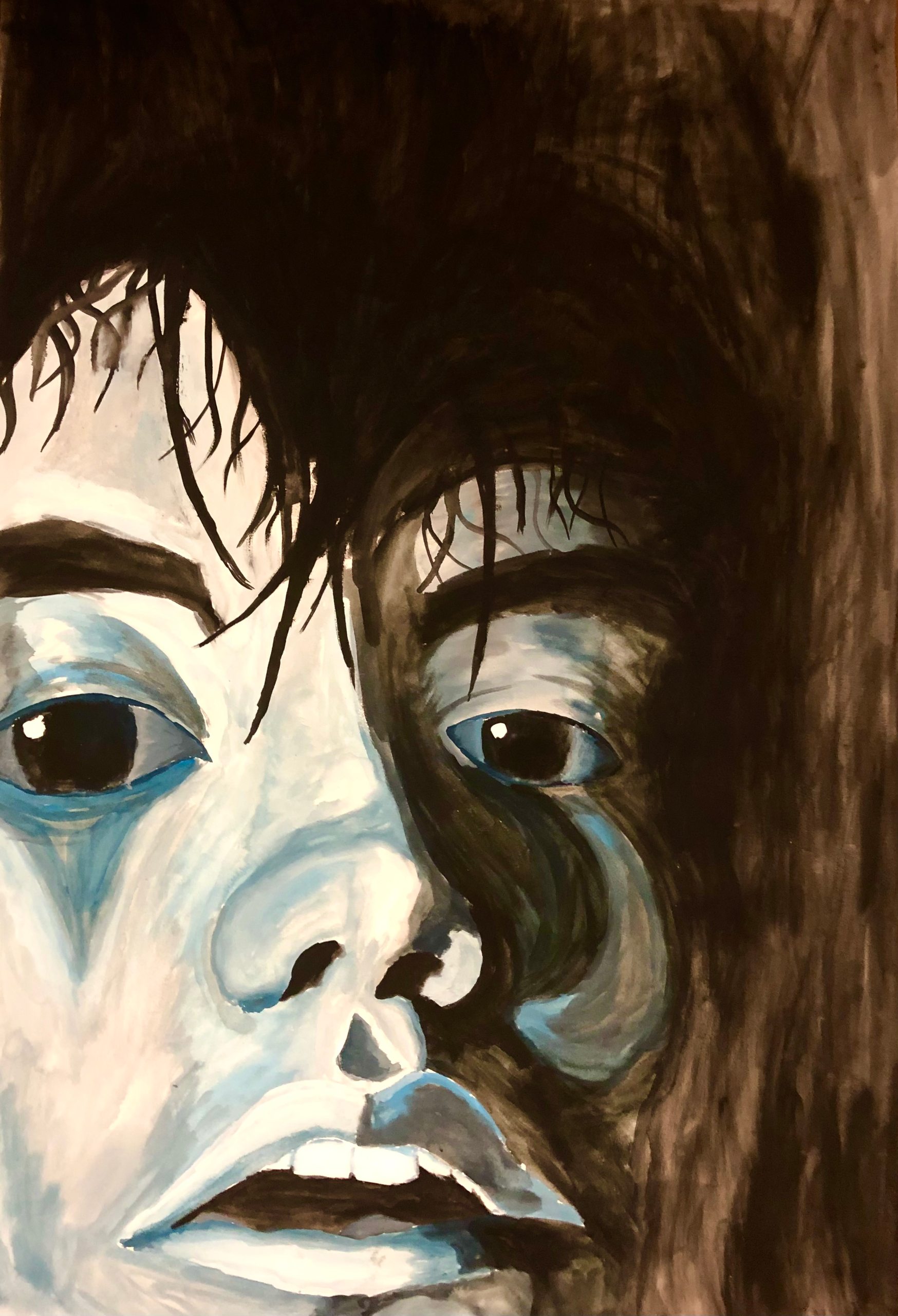 A painted portrait of a child’s face looking slightly upward, dark hair falling across the forehead, modelled in blue-grey and warm brown against a dark ground.