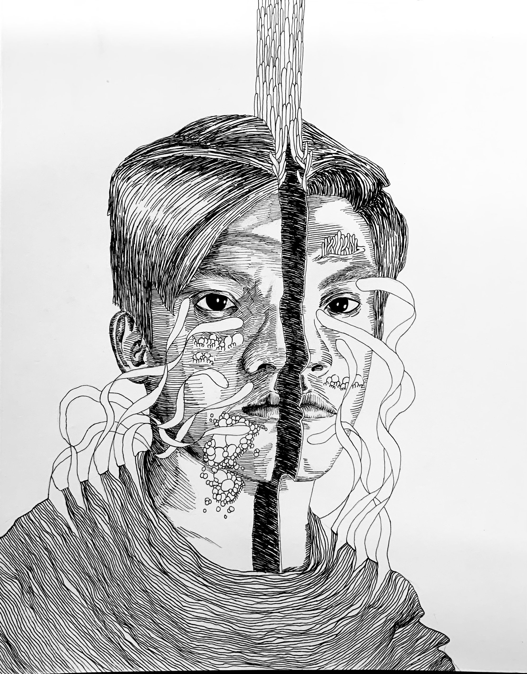 The same split portrait drawn in graphite on white: dense hatching builds the hair, face and collar, with a black band running from the crown to the chin and fine tendrils trailing from the cheek.
