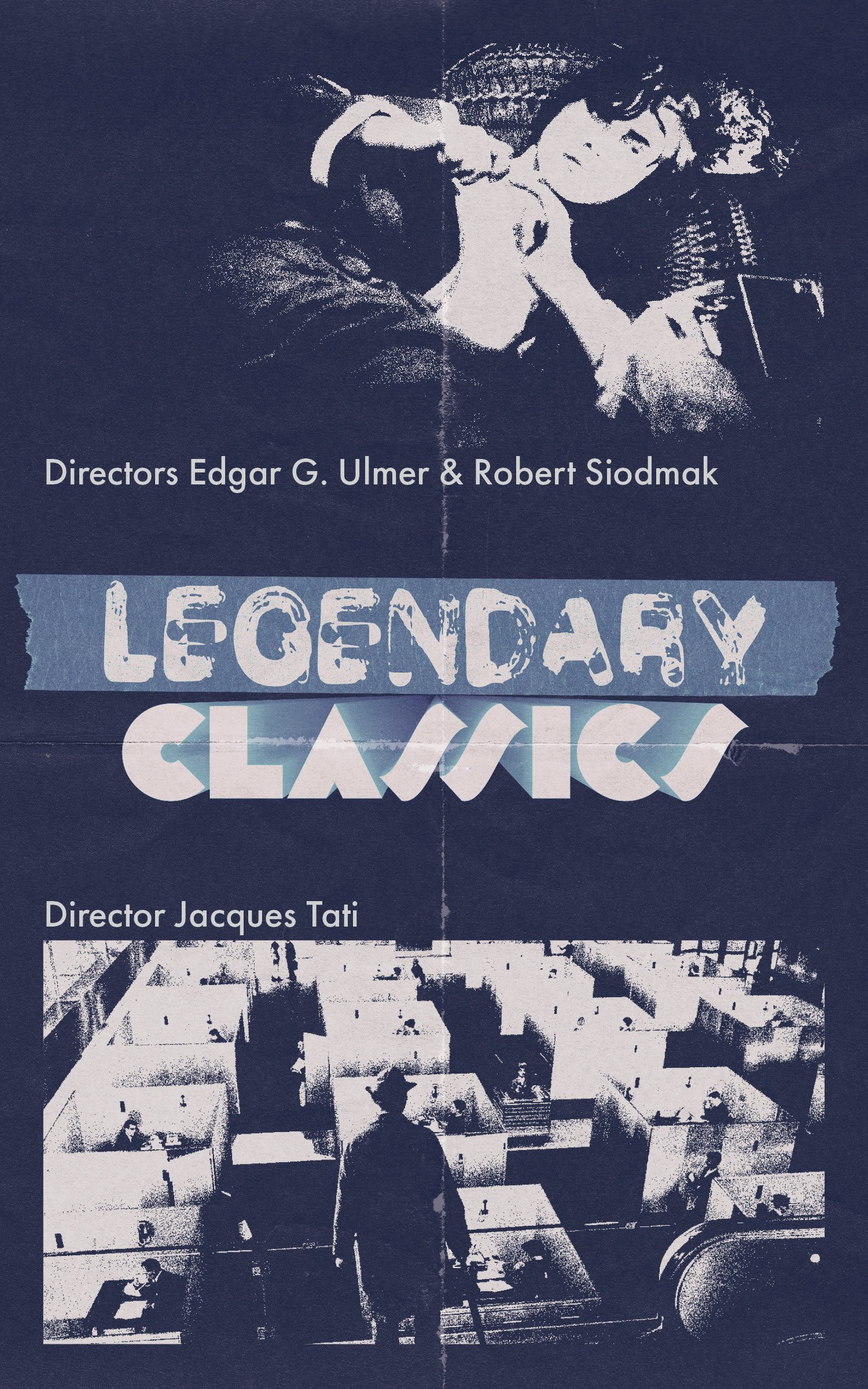 A booklet section divider reading “LEGENDARY CLASSICS” in stencilled type, over duotone film stills credited to directors Edgar G. Ulmer, Robert Siodmak and Jacques Tati.