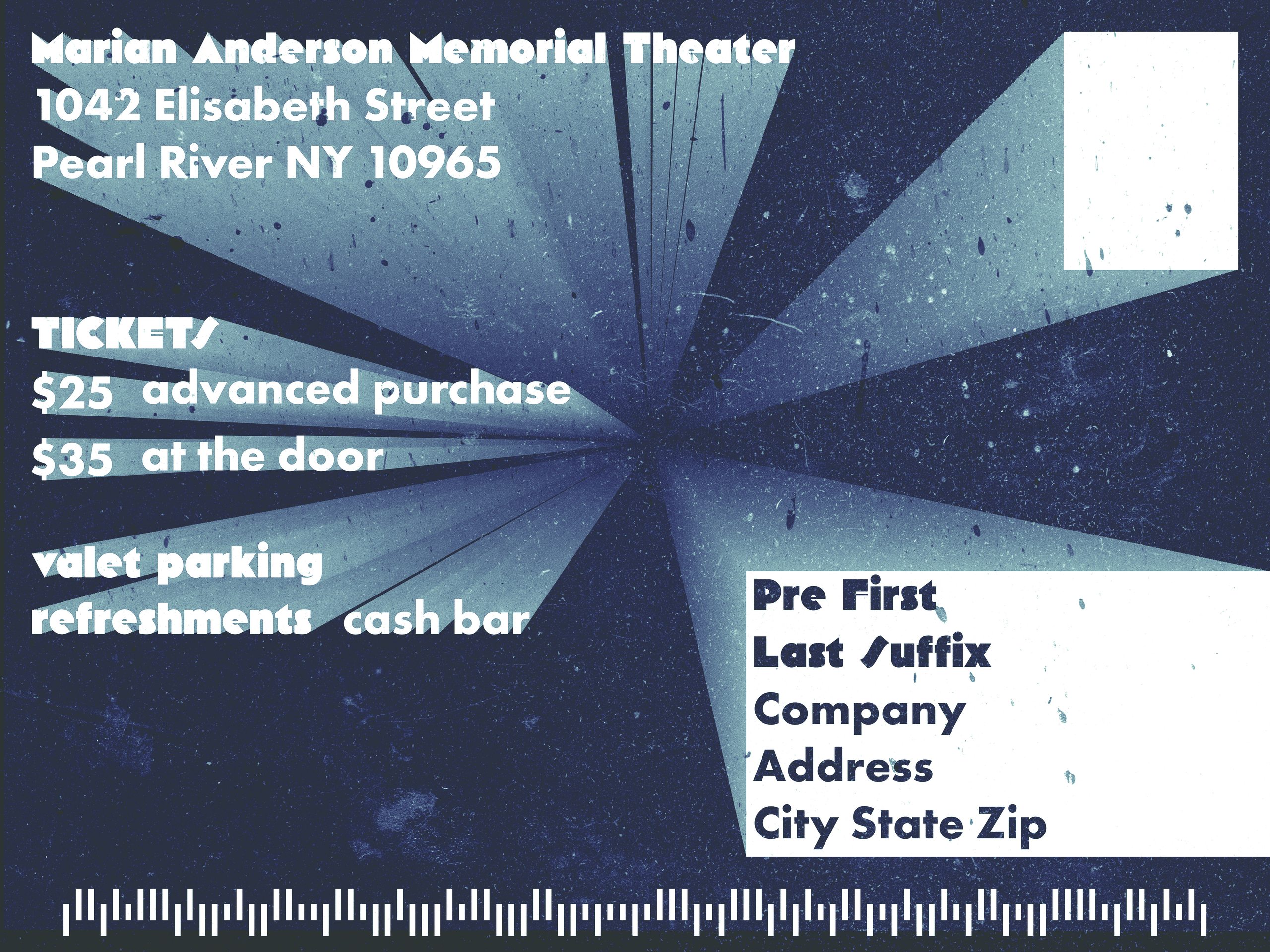 The back of the postcard: the Marian Anderson Memorial Theater address at 1042 Elisabeth Street, Pearl River NY 10965, ticket prices of $25 advance and $35 at the door, valet parking, refreshments and cash bar, with a blank address block and postal barcode.