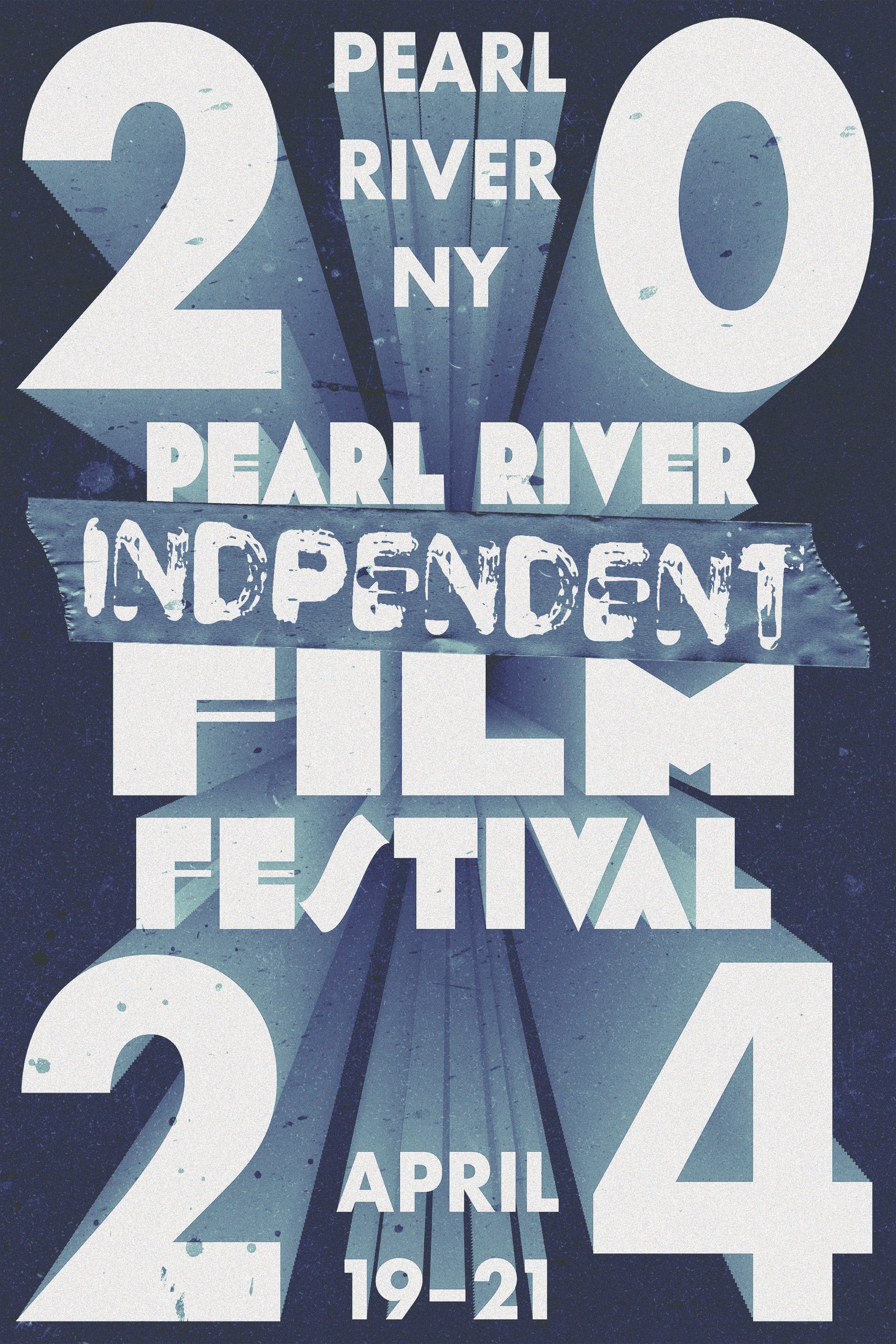 A poster built from oversized cut-paper numerals reading 2 0 2 4, with “PEARL RIVER INDEPENDENT FILM FESTIVAL” and “APRIL 19–21” set into the gaps between them in a bleached blue-and-white palette.