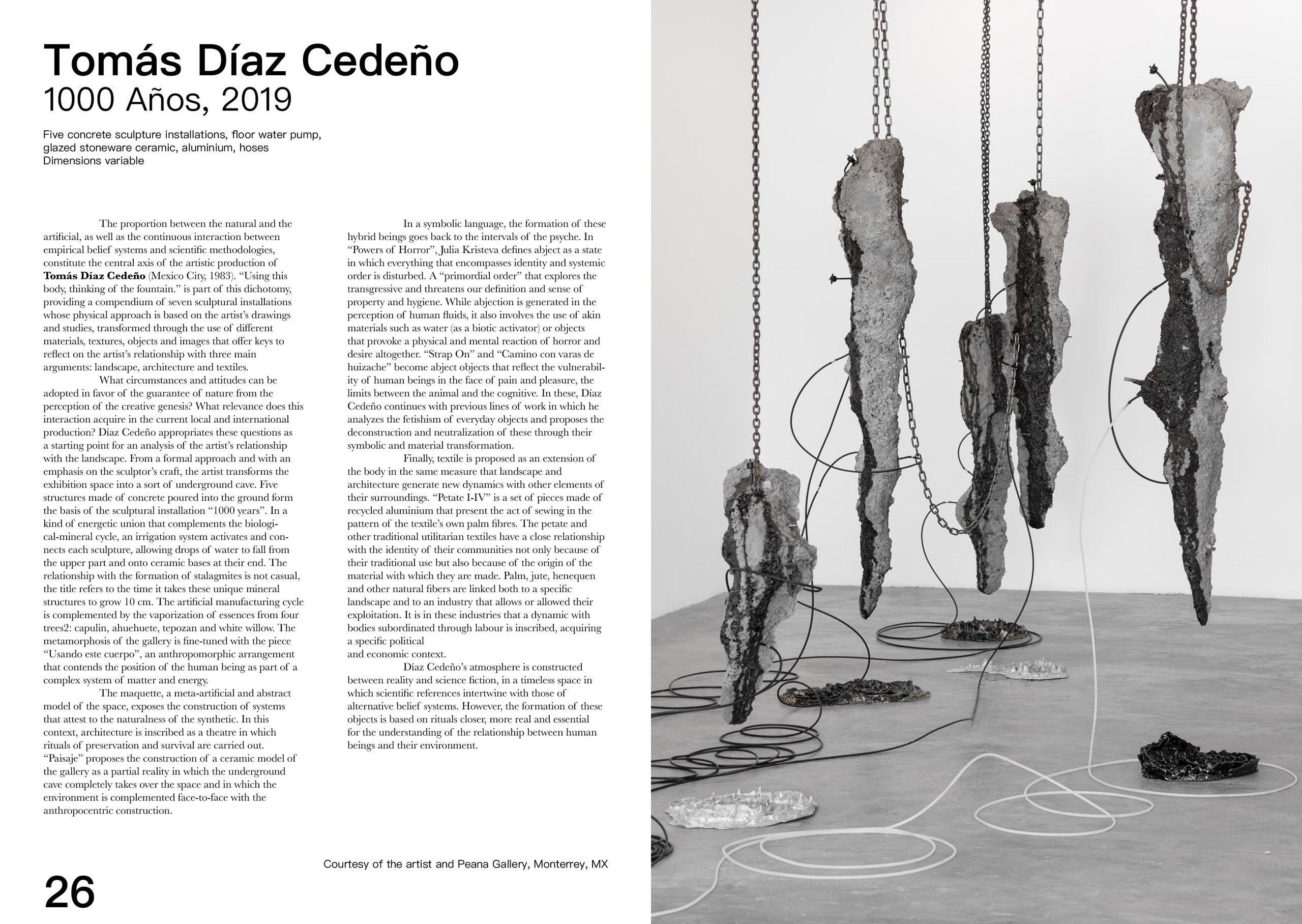 The Tomás Díaz Cedeño spread, page 26: “1000 Años” (2019), rough concrete slabs hung on chains above a gallery floor strung with black and white hoses and small metal trays, beside four columns of text.