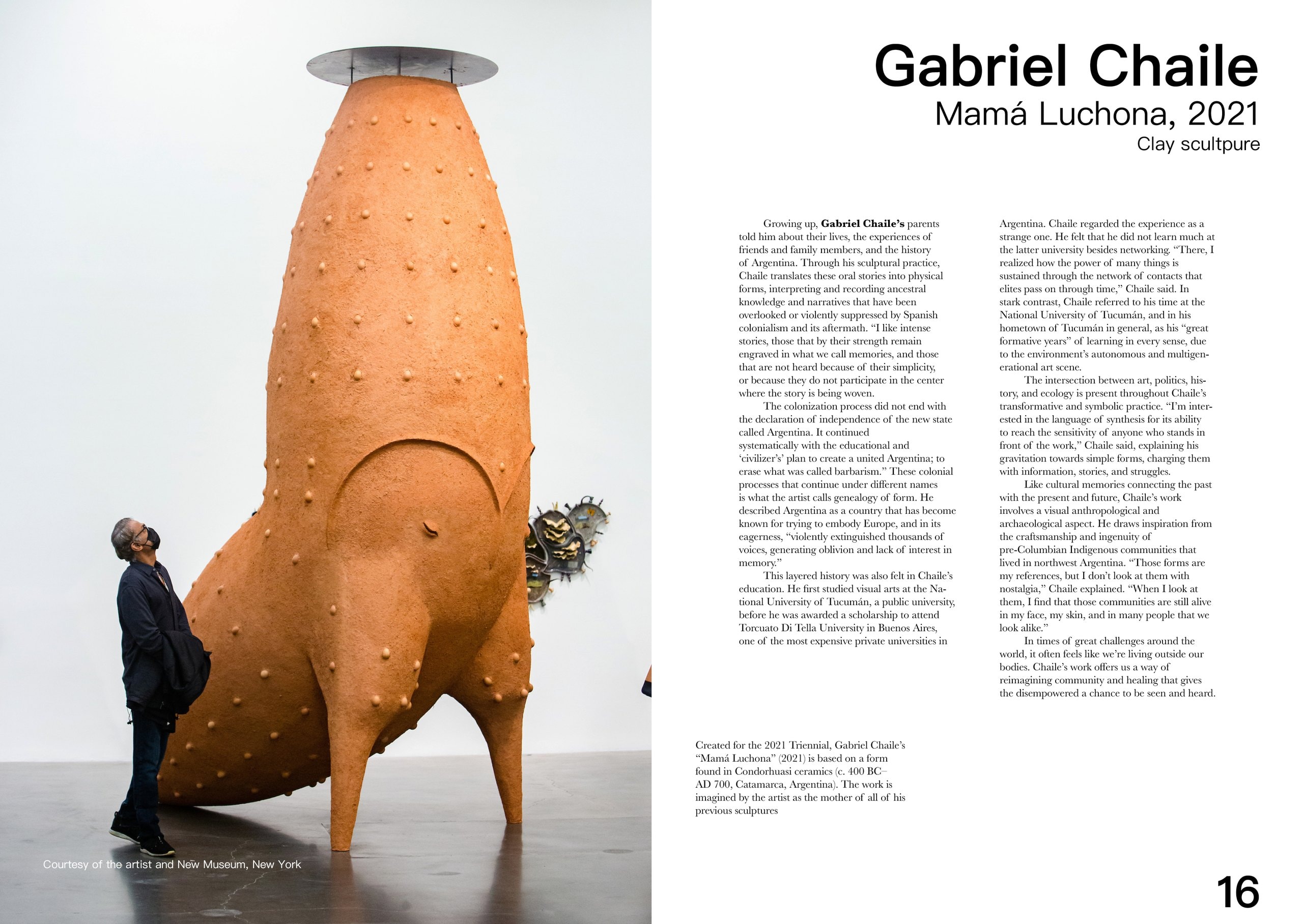 The Gabriel Chaile spread, page 16: a full-height photograph of “Mamá Luchona” (2021), a tall studded terracotta vessel standing on legs with a visitor looking up at it, facing two columns on Chaile's translation of family stories into sculpture.