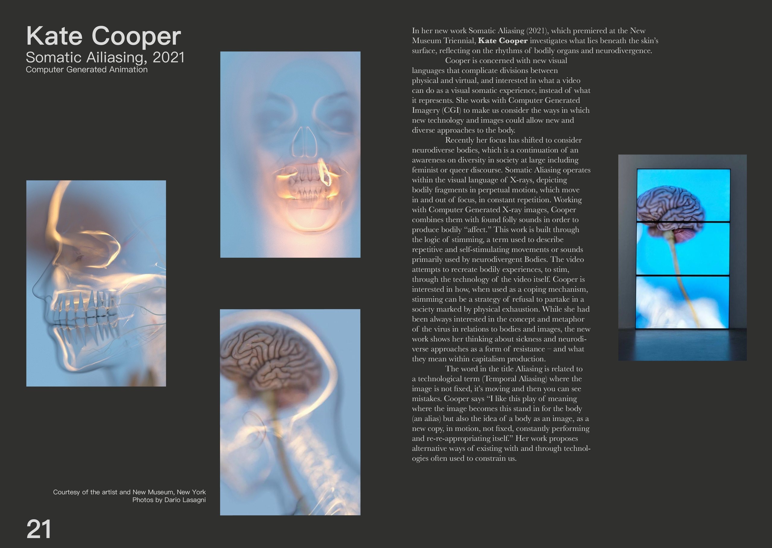 The Kate Cooper spread, page 21, set on charcoal: three computer-generated X-ray stills from “Somatic Ailiasing” (2021) showing a skull in profile, a jaw and a brain on its stem, a fourth shown on a stacked three-panel screen, and an essay on her work with CGI bodies.