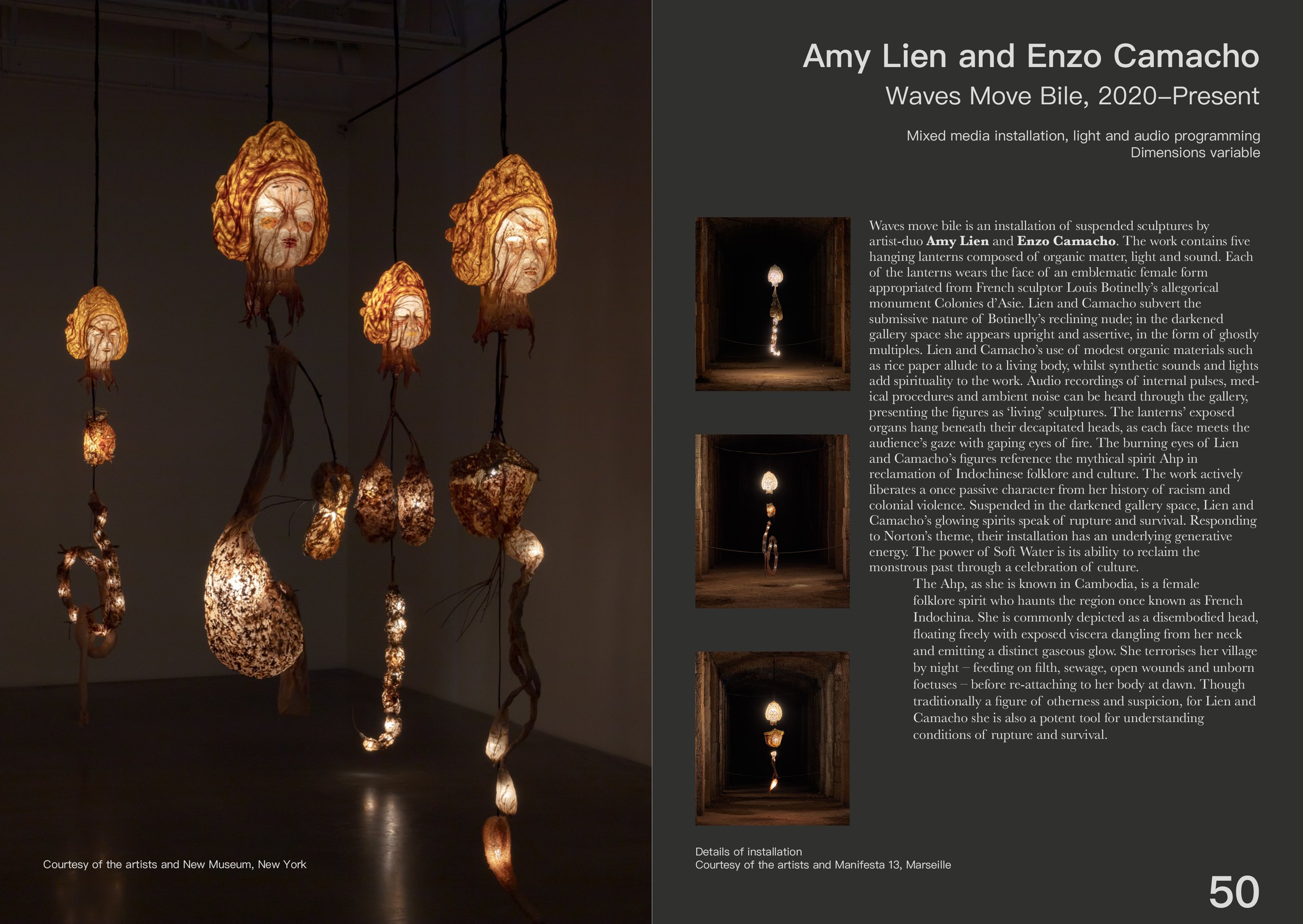 The Amy Lien and Enzo Camacho spread, page 50: “Waves Move Bile”, glowing lantern-heads with painted faces suspended in a dark gallery on the left, and on the right three small corridor views beside an essay on the Ahp, the folklore spirit the figures reclaim.