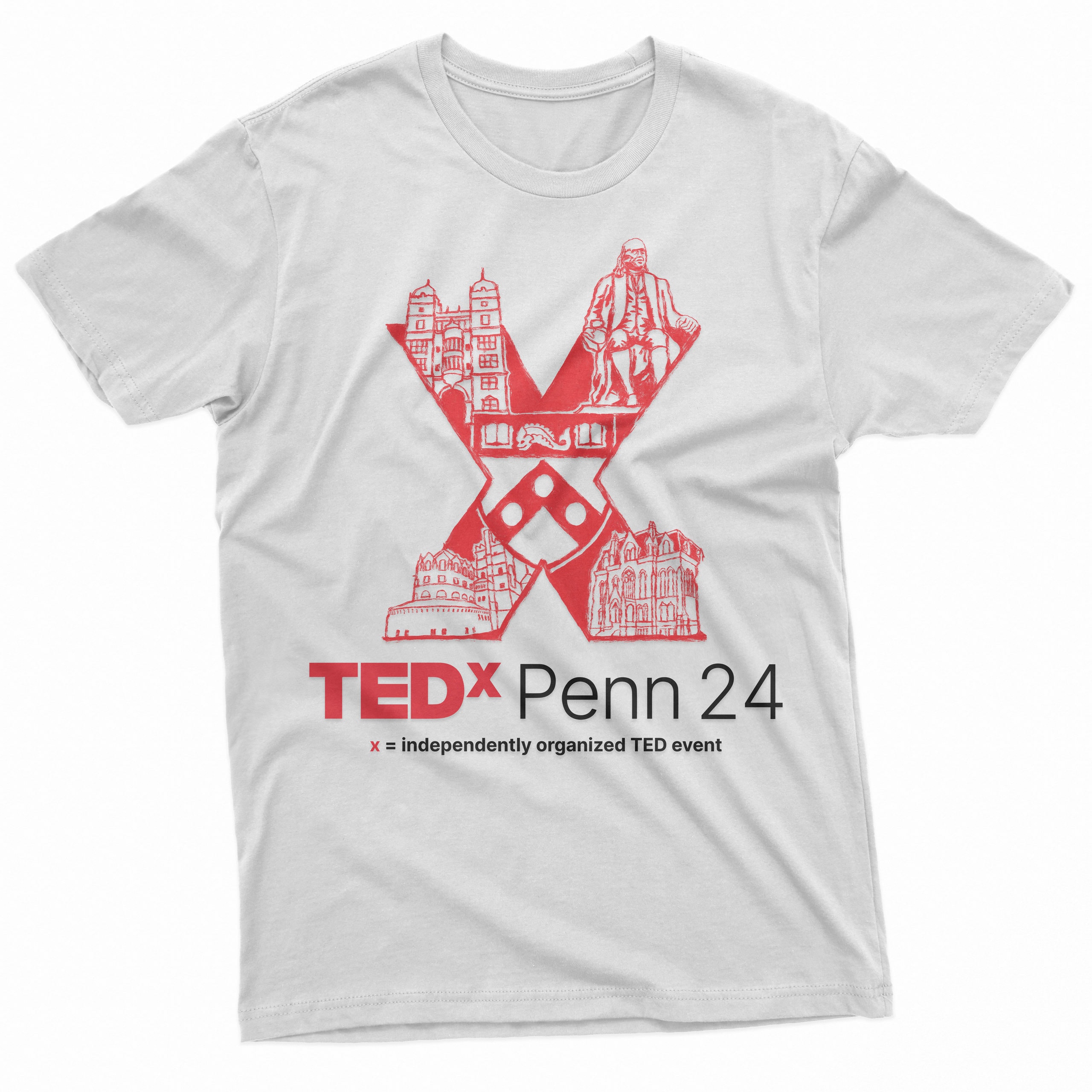 A white t-shirt printed with a large red X drawn from illustrated Penn campus buildings, above “TEDxPenn 24” and the line “x = independently organized TED event”.