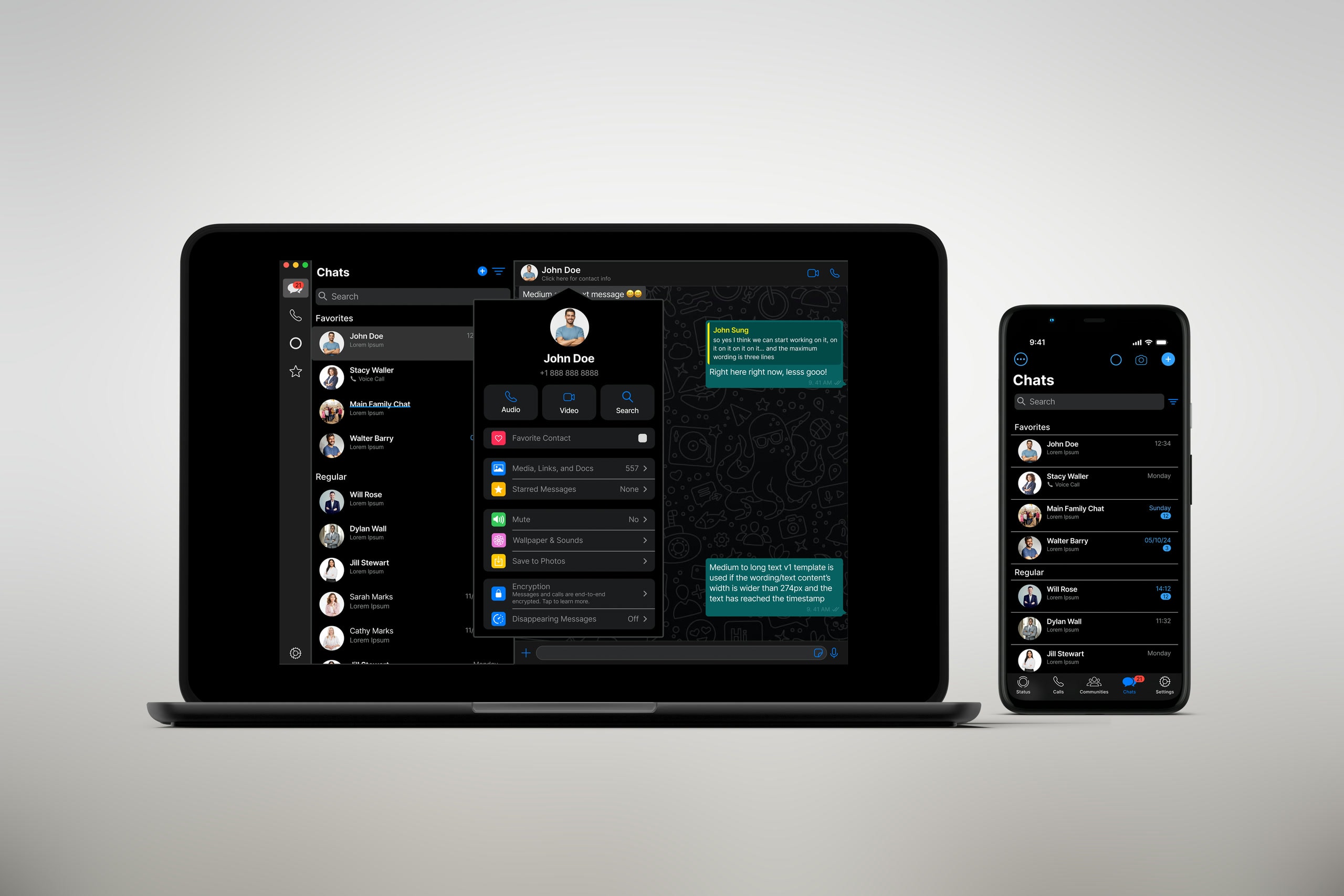 A dark-mode mockup of the redesigned WhatsApp: a laptop showing the chat list split into Favorites and Regular, an open conversation, and a contact card offering Audio, Video and Search, beside a phone showing the same redesigned list.