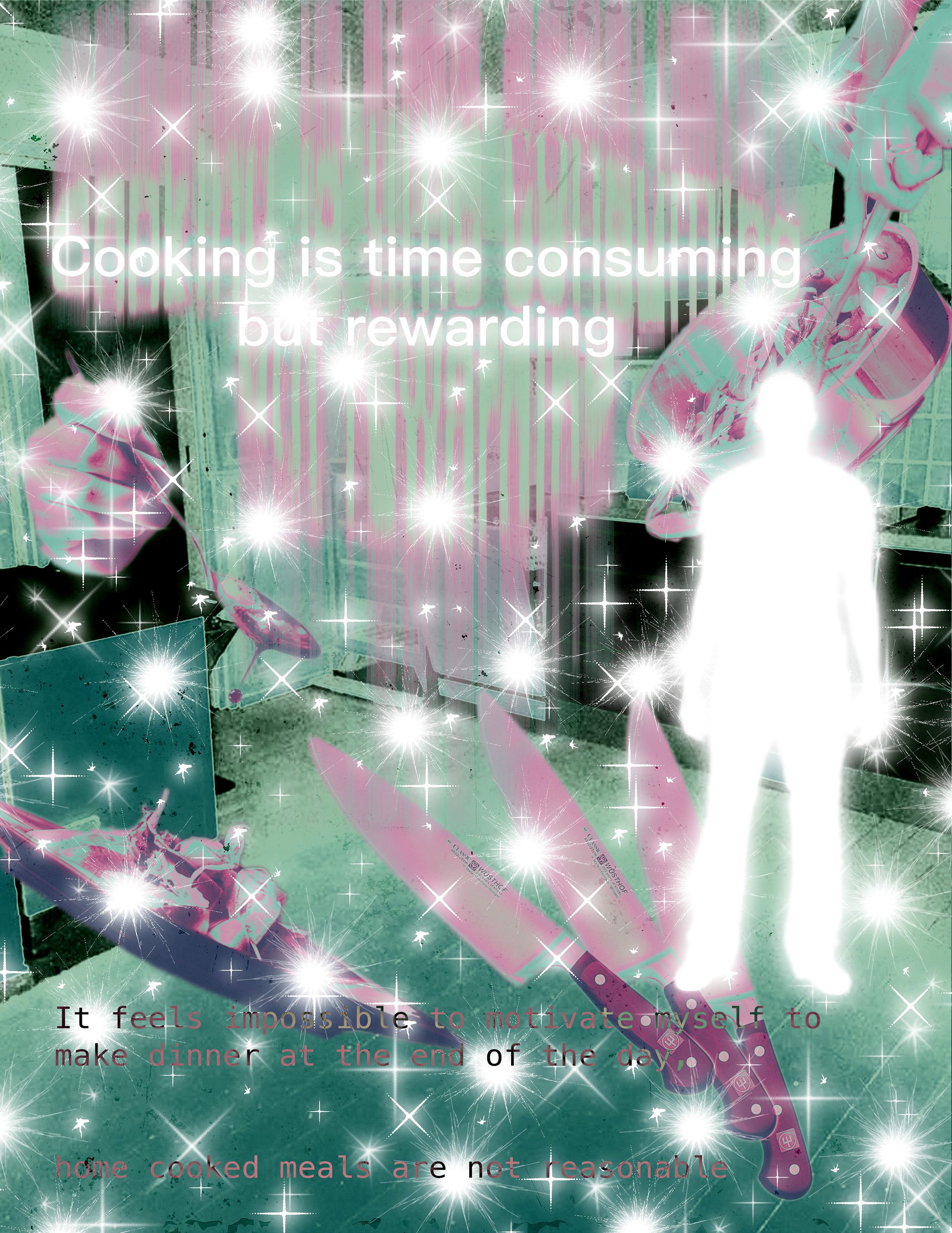 A page titled “Cooking is time consuming but rewarding”, showing a white silhouette in a green and pink kitchen scattered with star flares.