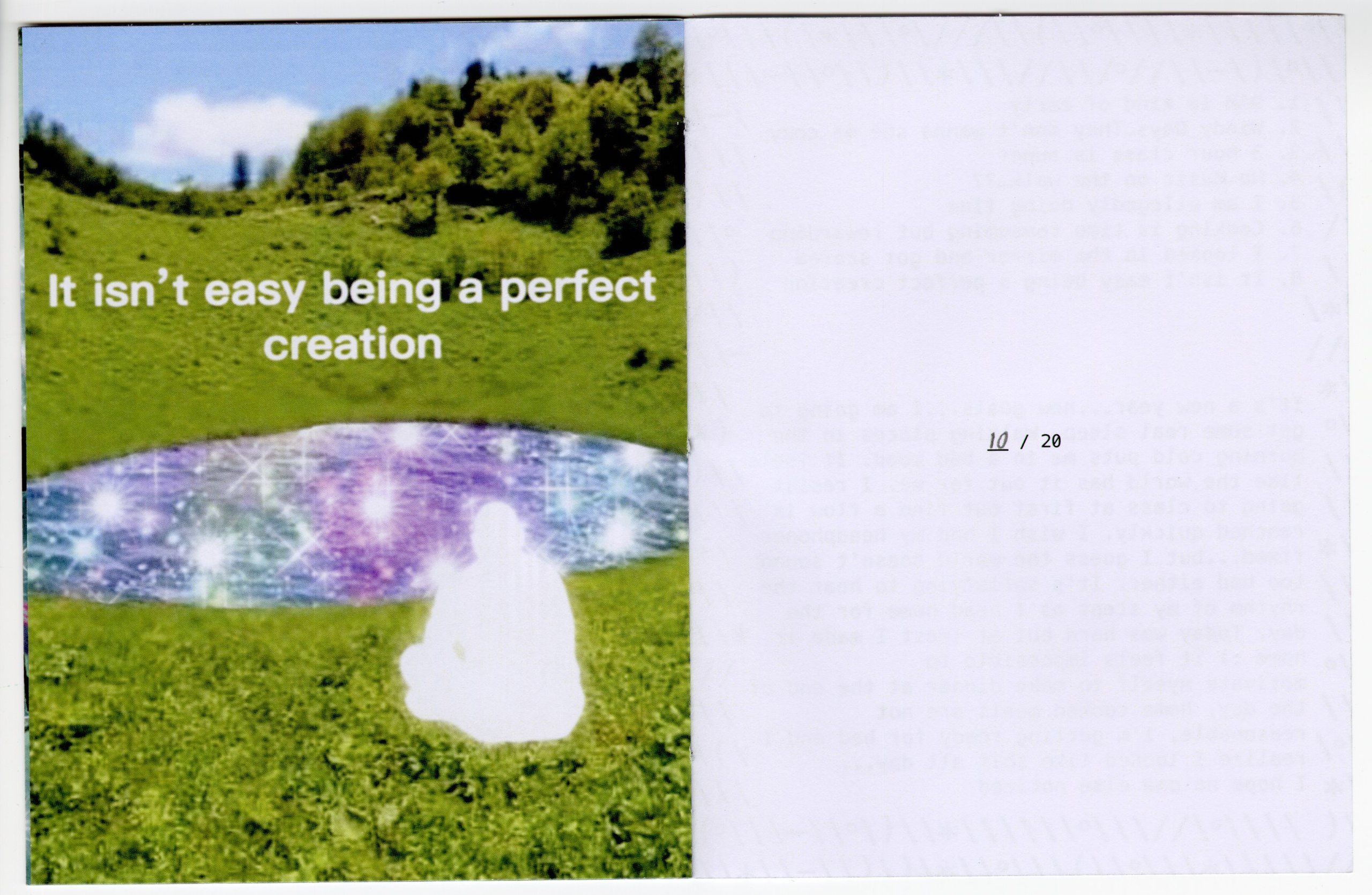 A photograph of the printed zine opened to its final spread: the green field “perfect creation” page on the left and a blank page numbered 12 / 24 on the right.