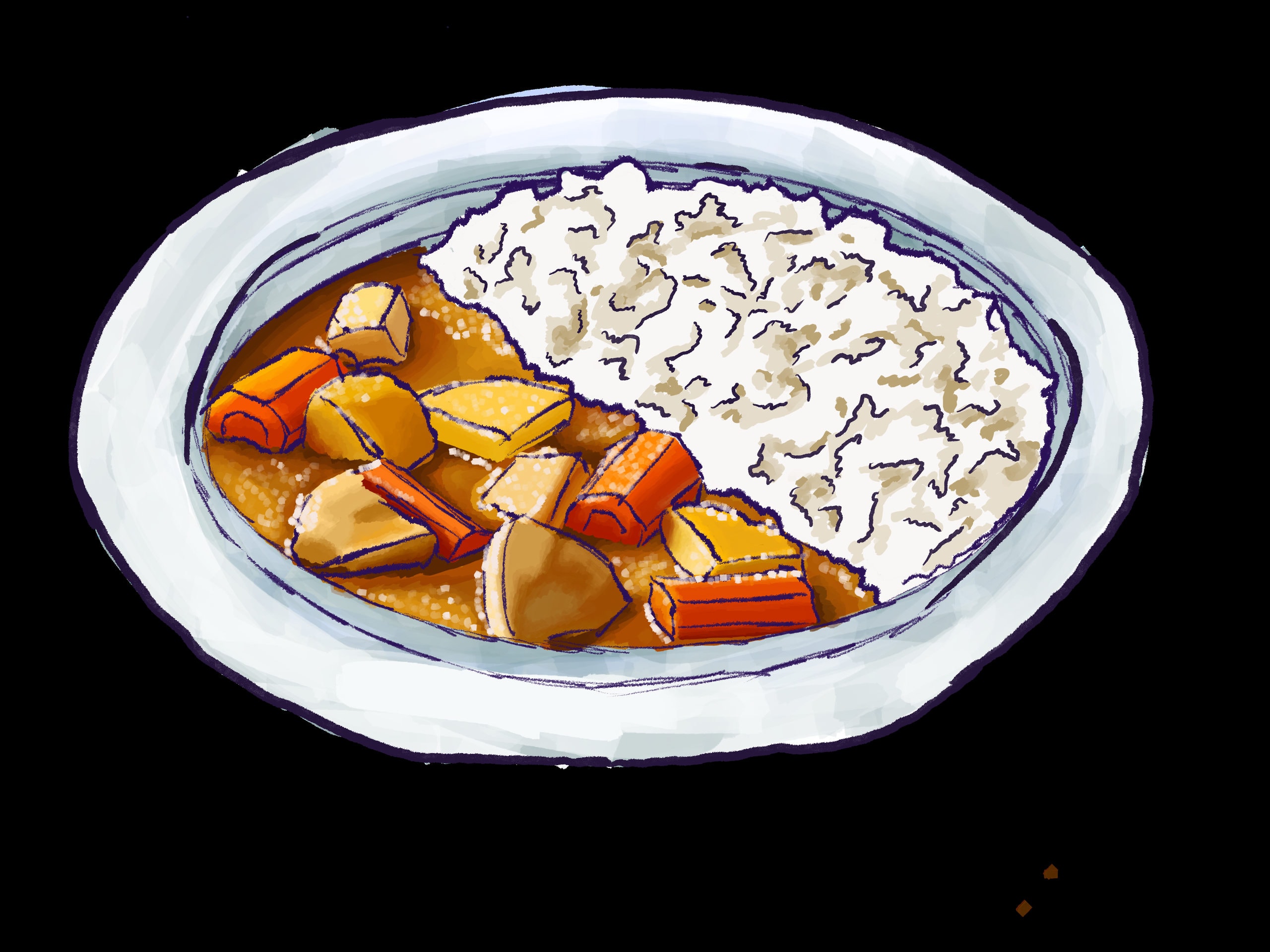 A painted illustration of an oval plate divided between a thick curry with carrot and potato on one side and a mound of white rice on the other.