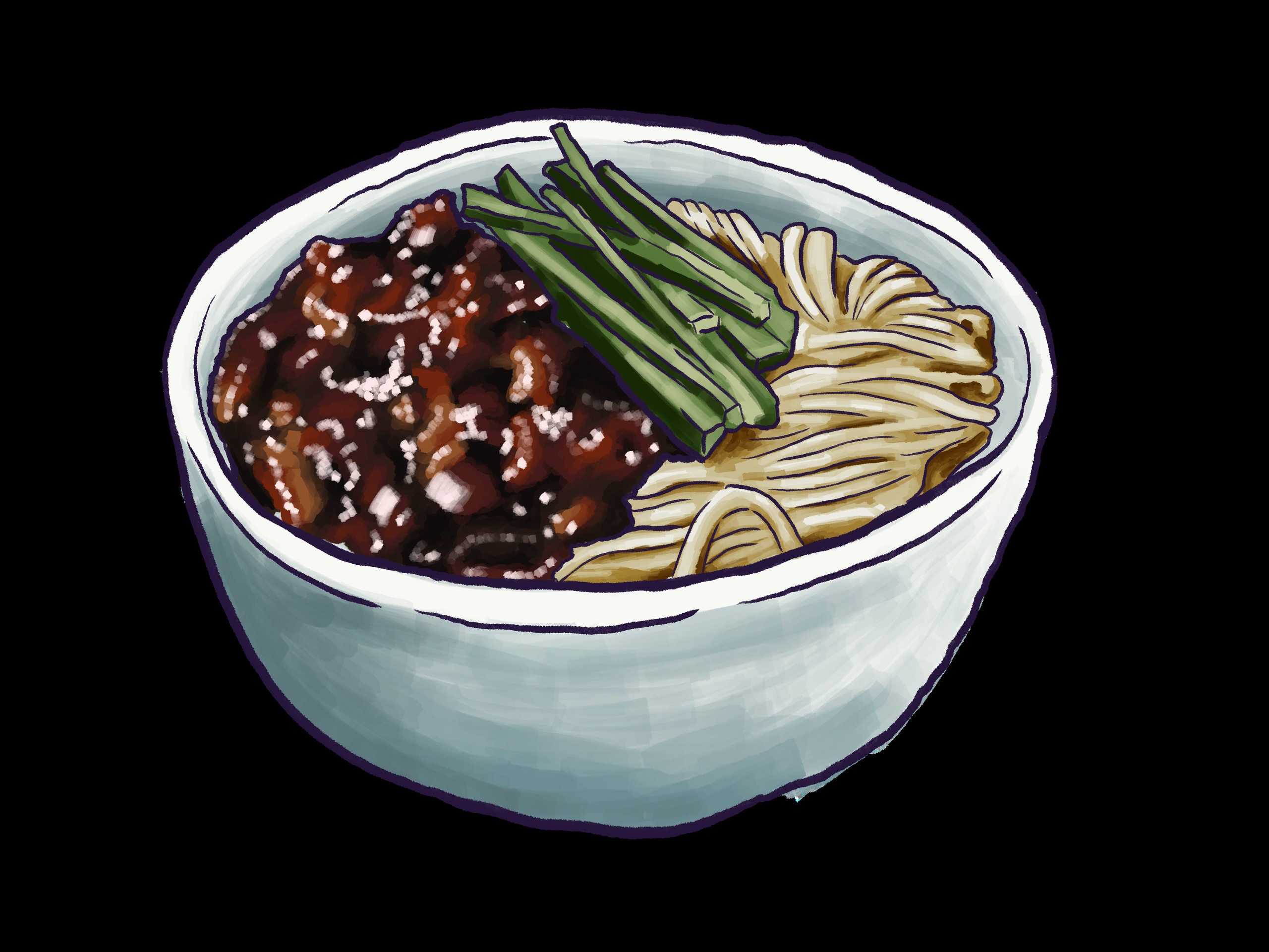 A painted illustration, on black, of a pale ceramic bowl holding dark black-bean sauce with chopped meat on one side, wheat noodles on the other, and a bundle of green spring onion across the top.