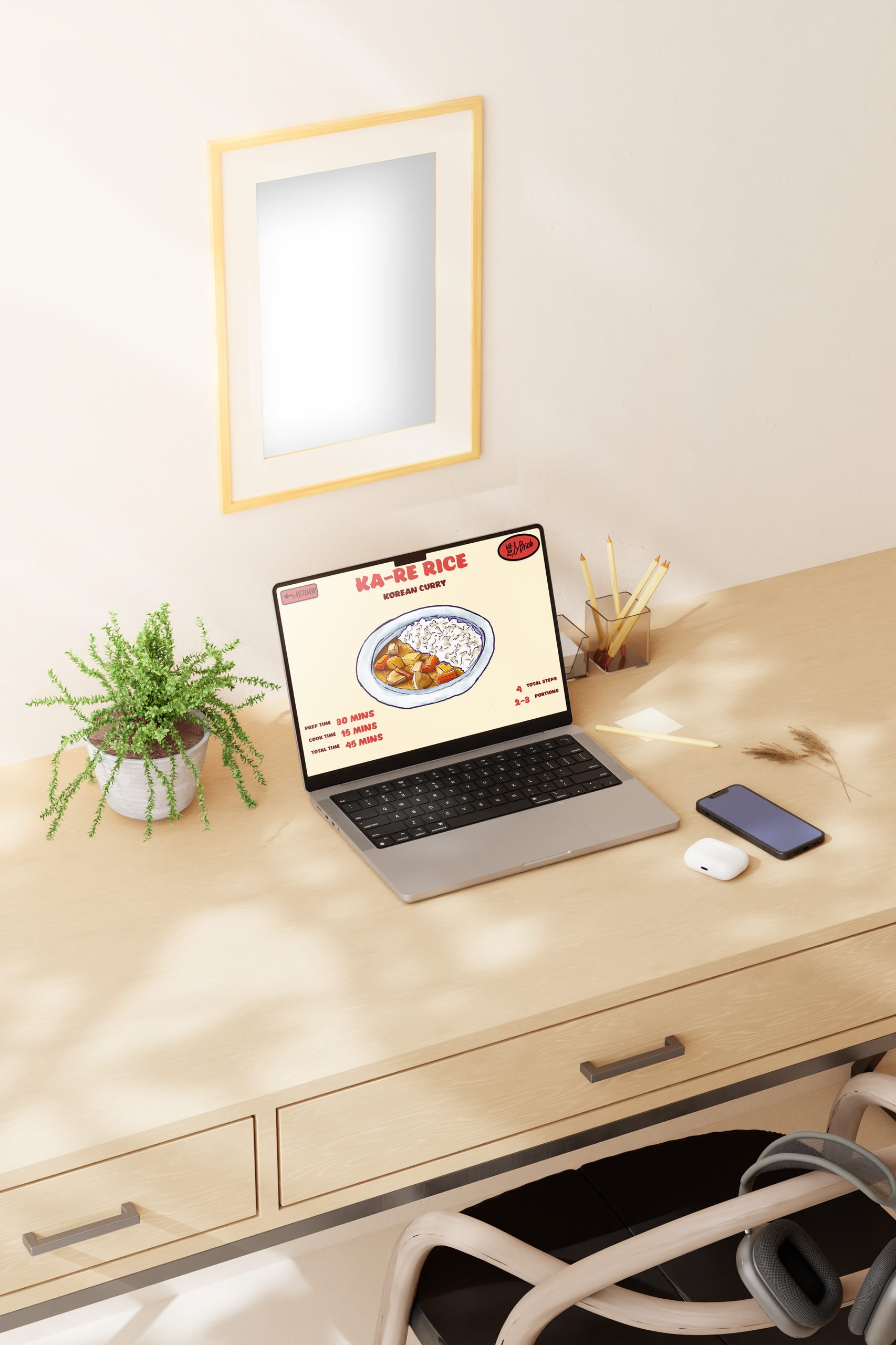 A laptop on a sunlit desk showing the site’s “KA-RE RICE” page, with the dish illustration beside its recipe text.
