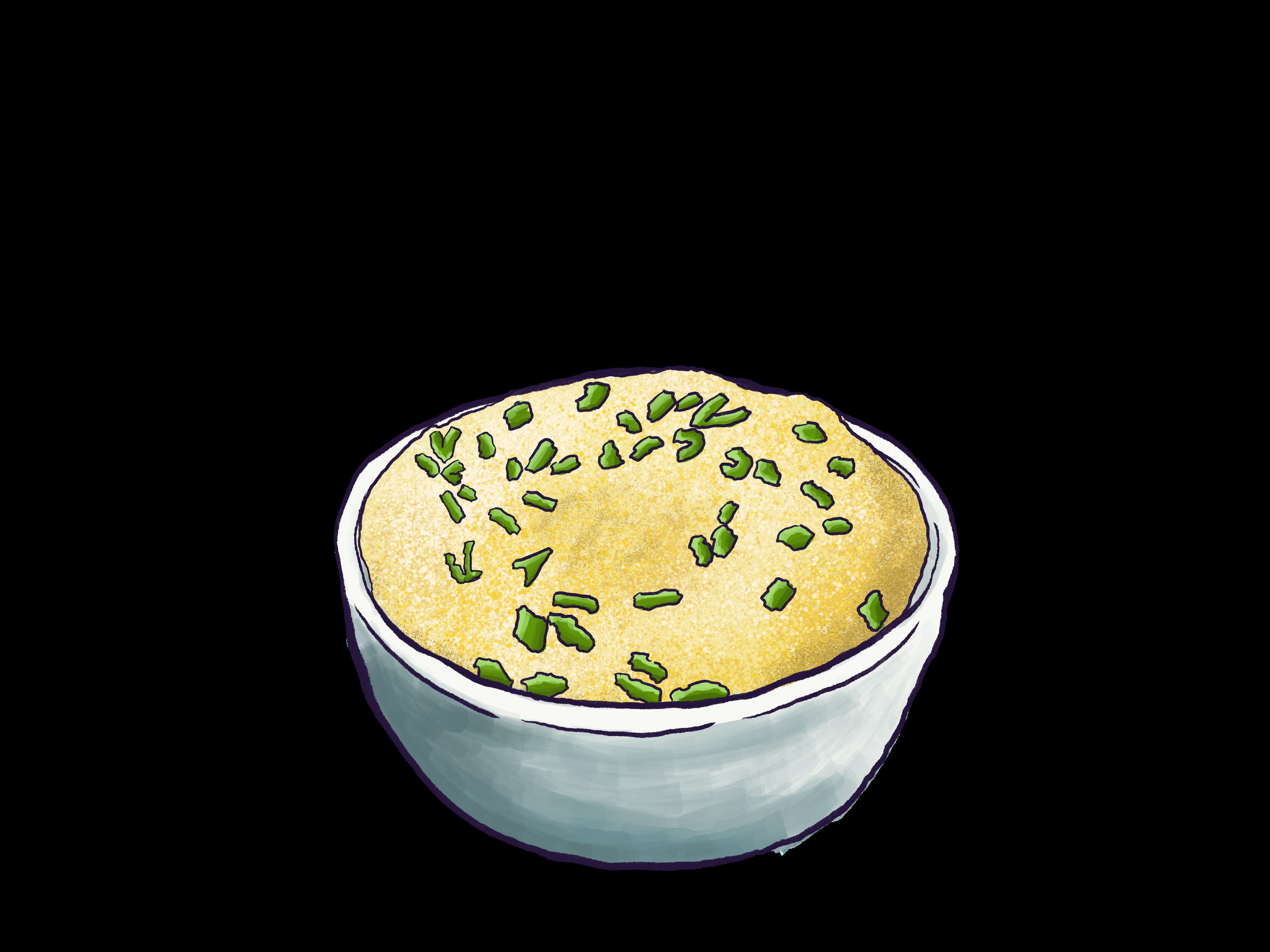 A painted illustration of a small pale bowl of pale yellow steamed egg, risen above the rim and scattered with chopped green spring onion.