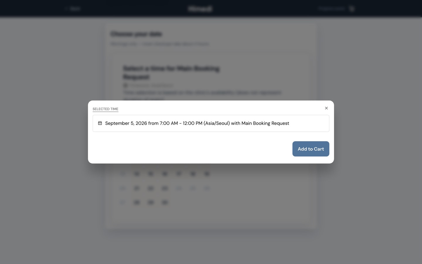 The 7:00 AM to 12:00 PM slot chosen and a “Selected time” dialog confirming September 5, 2026, 7:00 AM to 12:00 PM Seoul time, with an Add to Cart button.