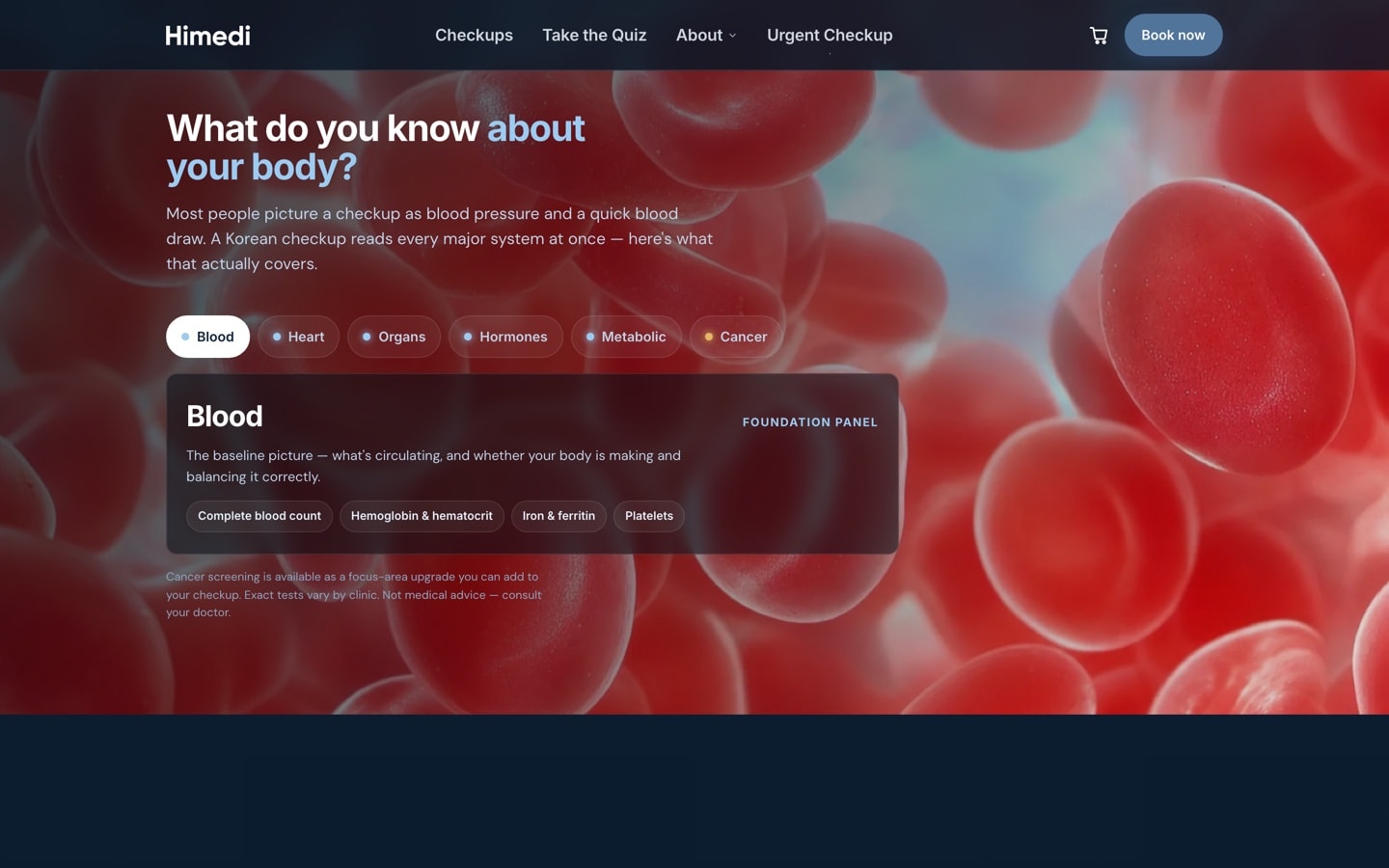 The dark section of the himedi.com homepage that asks what you know about your body, with its macro biology image behind the focus-area tabs.
