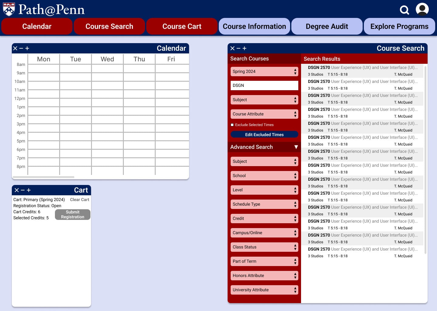 The course workspace before anything is added: an empty weekly calendar, an empty cart, and the Course Search panel with its filter fields and a list of results.