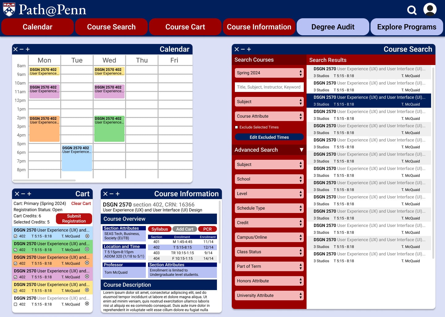 The redesigned Path@Penn course workspace: a weekly calendar filled with colour-coded course blocks on the left and a Course Search panel of results on the right, under a red navigation bar with Calendar, Course Search, Course Cart, Course Information, Degree Audit and Explore Programs tabs.
