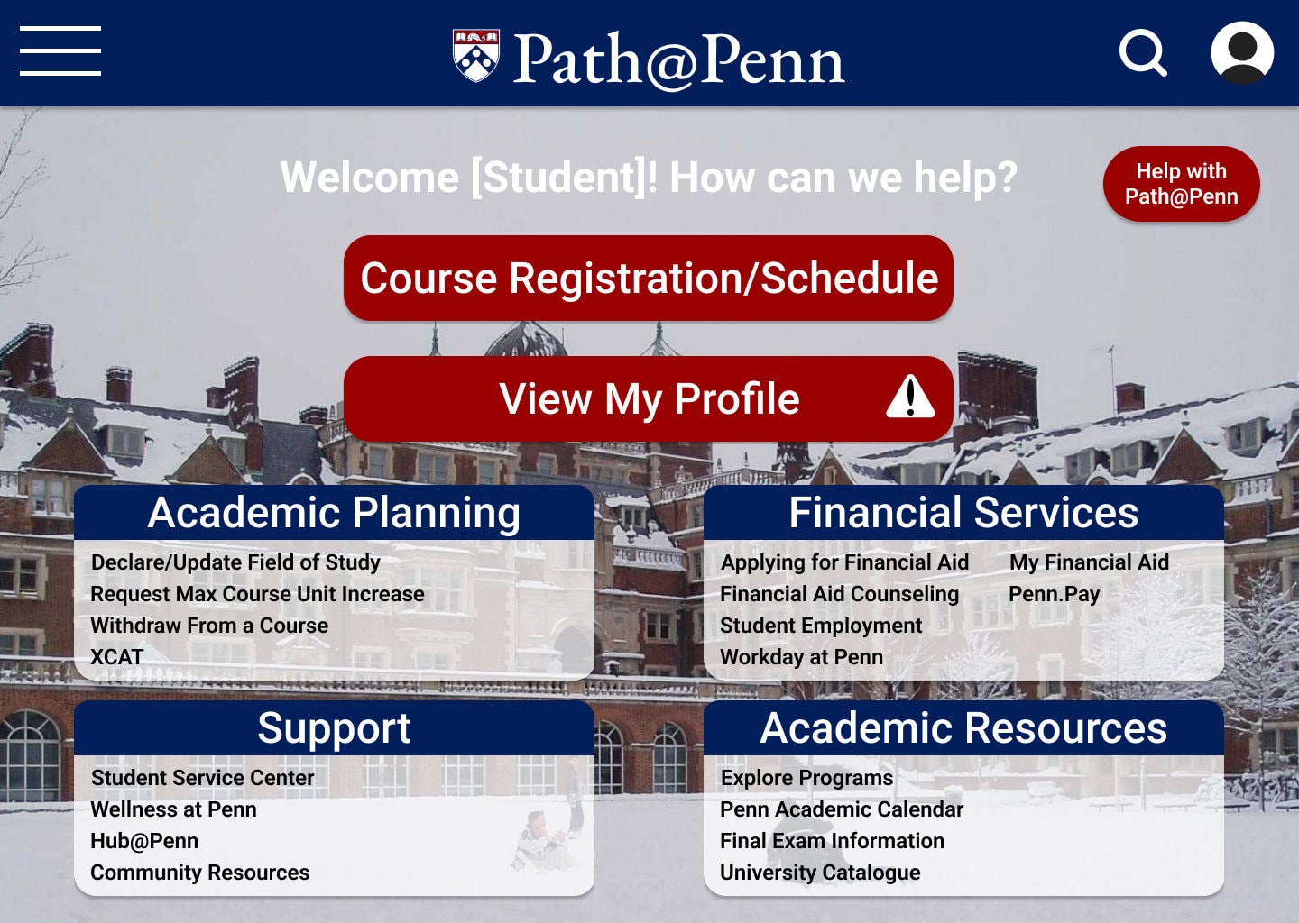 The same welcome screen with its background photograph swapped for a snow-covered quad and roofline, showing the four translucent link panels holding their contrast over a much paler image.