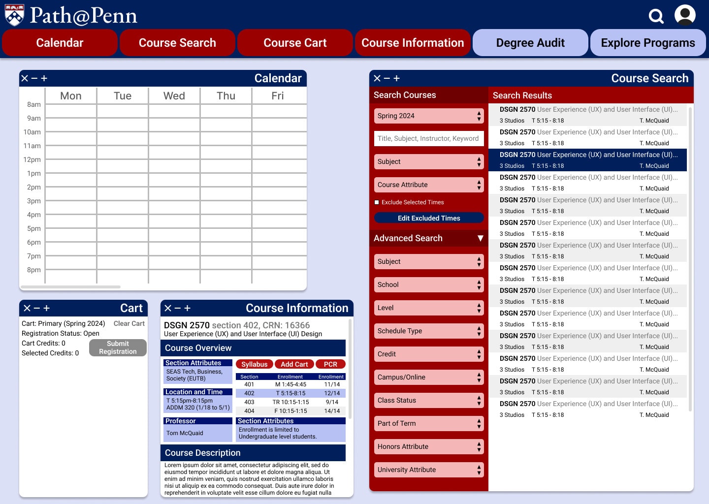 The course workspace with Course Information opened: an empty weekly calendar and an empty cart on the left, and on the right DSGN 2570 section 402 broken out into section attributes, meeting times, professor Tom McQuaid and description, beside the Course Search filters and results.