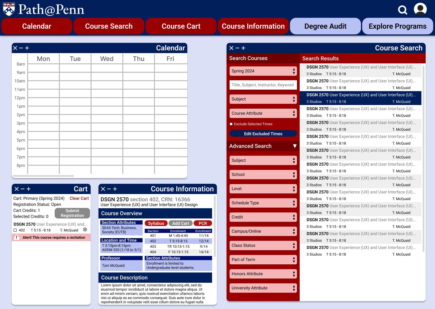 The workspace with a single unchecked course in the cart and a pink inline warning directly under it reading “Alert! This course requires a recitation”, while the weekly calendar is still empty.