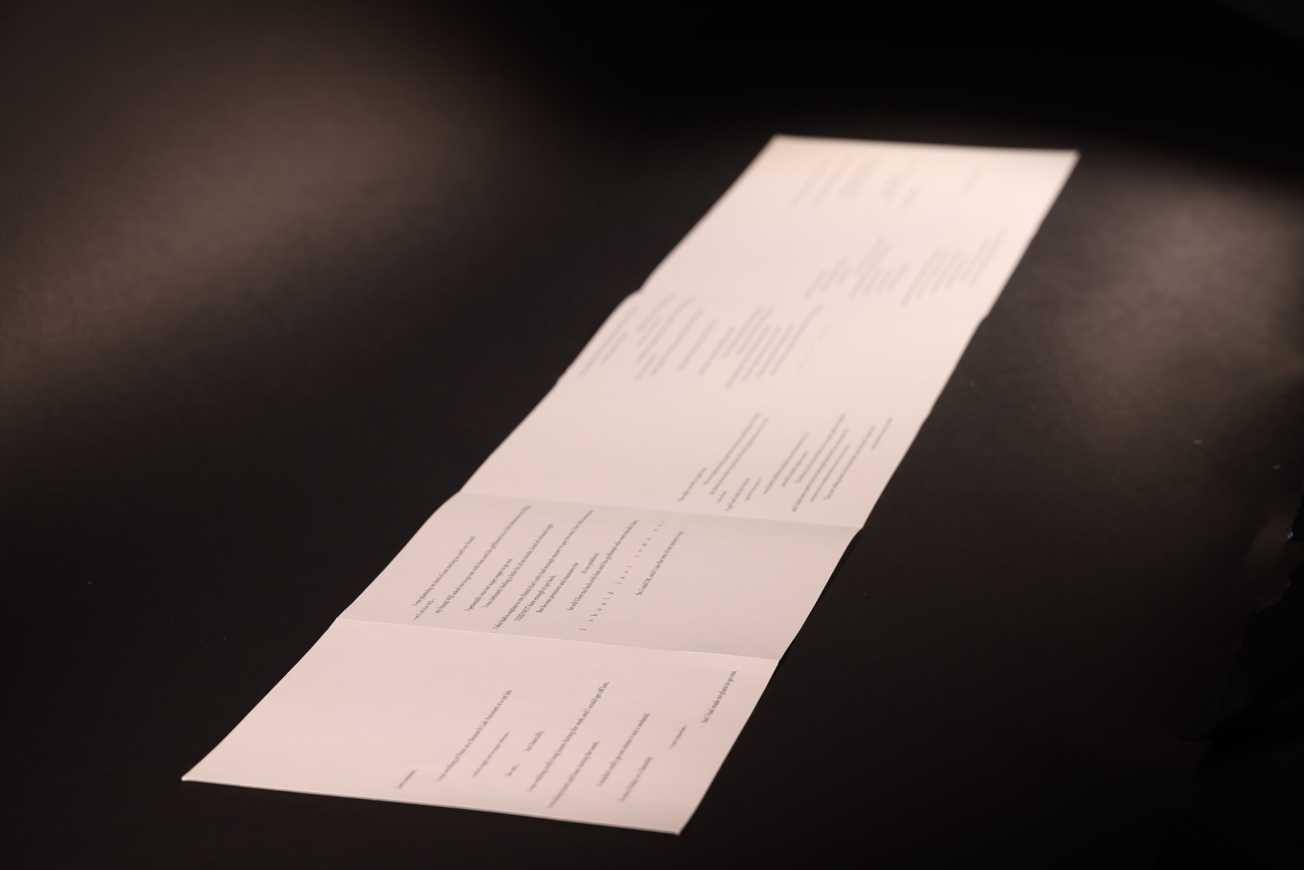 The same printed piece laid flat on a black surface in raking light, the accordion folds catching the light as a long pale band of text.