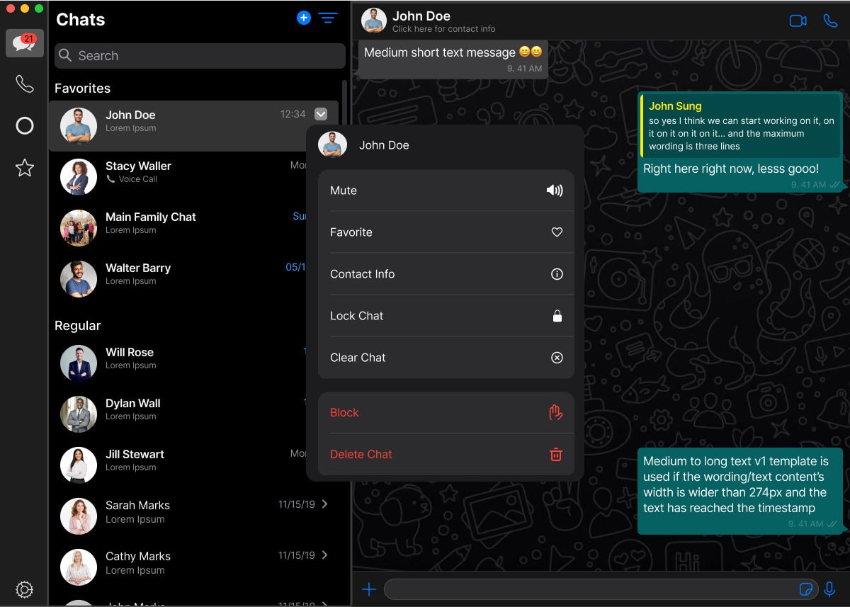 The desktop layout with a per-chat context menu open over the chat list, offering Mute, Favorite, Contact Info, Lock Chat and Clear Chat above destructive Block and Delete Chat actions in red.
