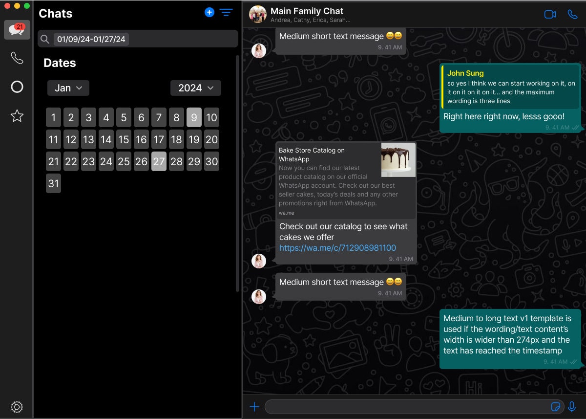 The desktop layout with a date filter open: a January 2024 calendar picker sits over the chat list on the left while a conversation with message bubbles stays visible on the right.