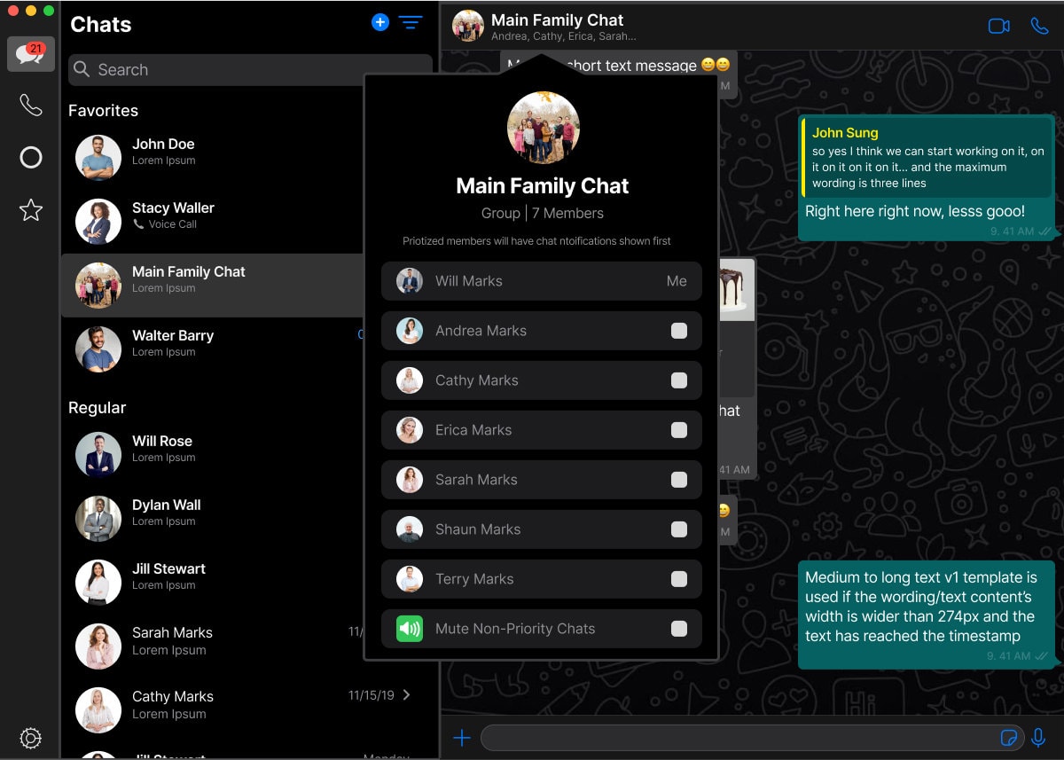 The desktop group card for Main Family Chat with every member listed under the line “Priotized members will have chat ntoifications shown first”: Will Marks as “Me”, then Andrea, Cathy, Erica, Sarah, Shaun and Terry Marks with a checkbox each, and “Mute Non-Priority Chats” last.