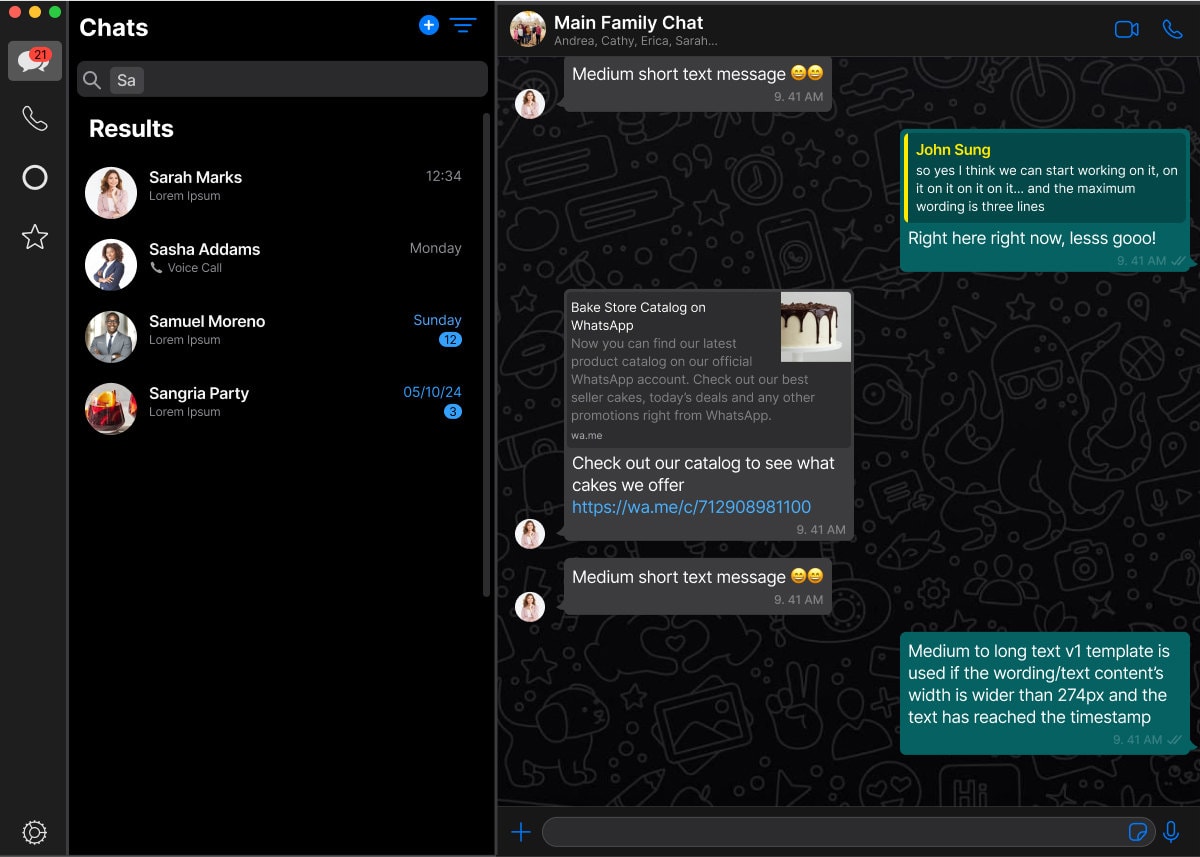 The desktop search part-typed as “Sa”, already returning Sarah Marks, Sasha Addams, Samuel Moreno and the Sangria Party group in one Results list, with the Main Family Chat conversation still open in the right-hand pane.