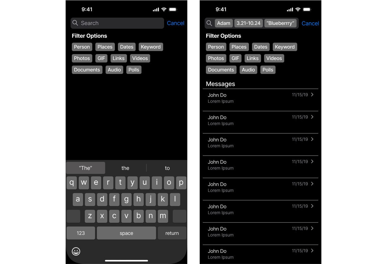 Two dark-mode phone screens showing the redesigned search: one with a row of filter chips — Person, Places, Dates, Keyword, Photos, GIF, Links, Videos, Documents, Audio, Polls — above the on-screen keyboard, and one showing the matching Messages results.